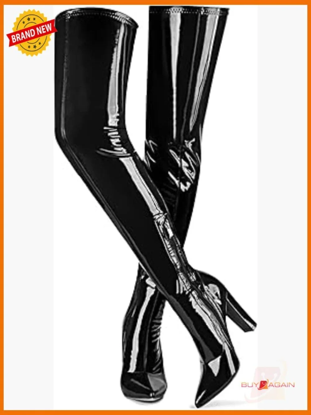 Women's Thigh High Boots Chunky Heel Pointed Toe Patent Leather Stretchy